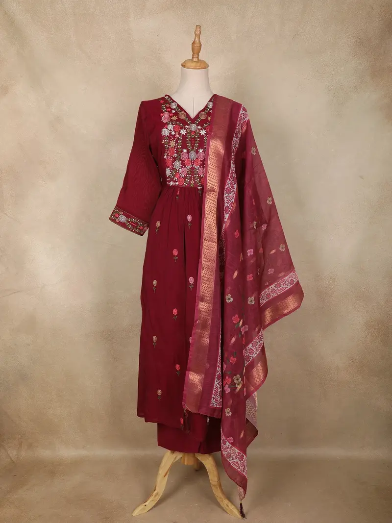Maroon Floral Embroidered Design Cotton Anarkali Salwar Suit 1