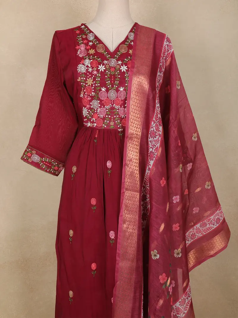 Maroon Floral Embroidered Design Cotton Anarkali Salwar Suit 2