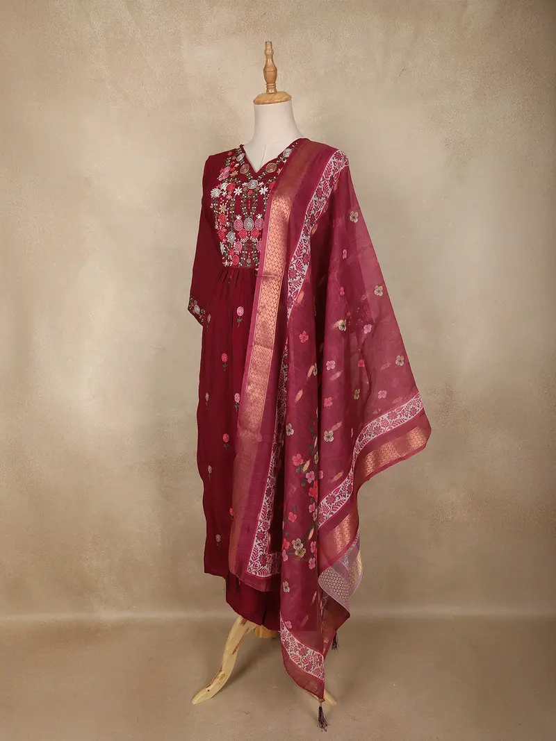 Maroon Floral Embroidered Design Cotton Anarkali Salwar Suit 3