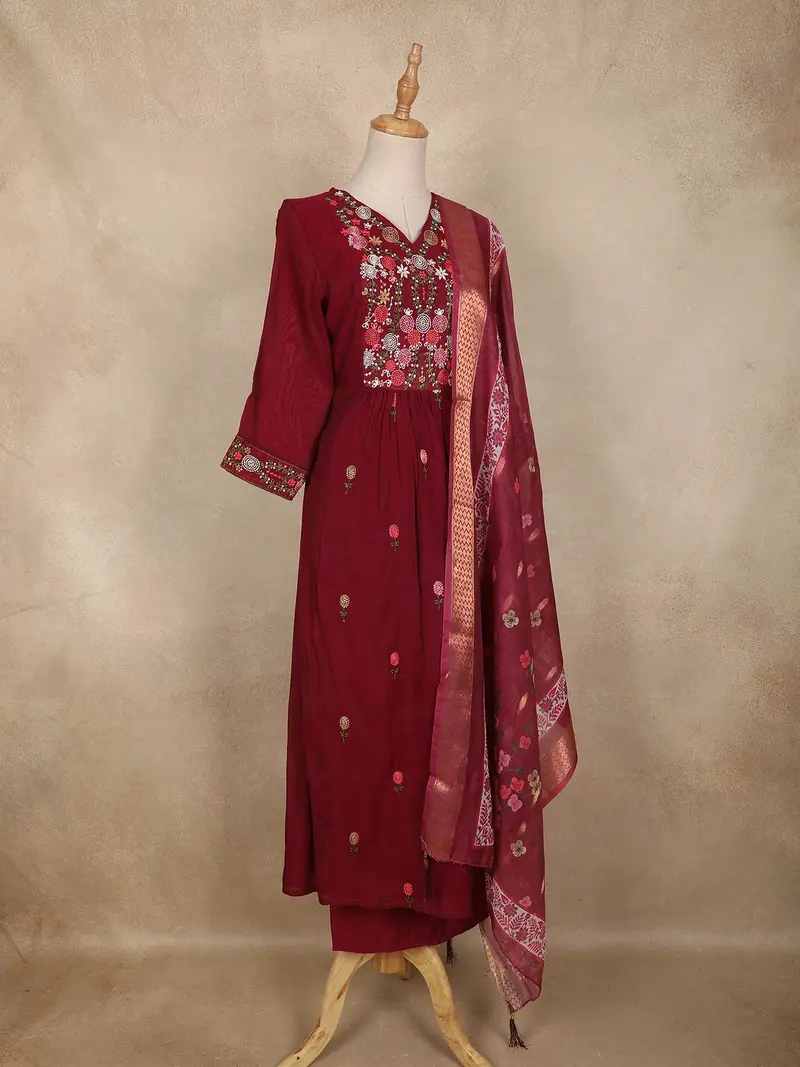 Maroon Floral Embroidered Design Cotton Anarkali Salwar Suit 4