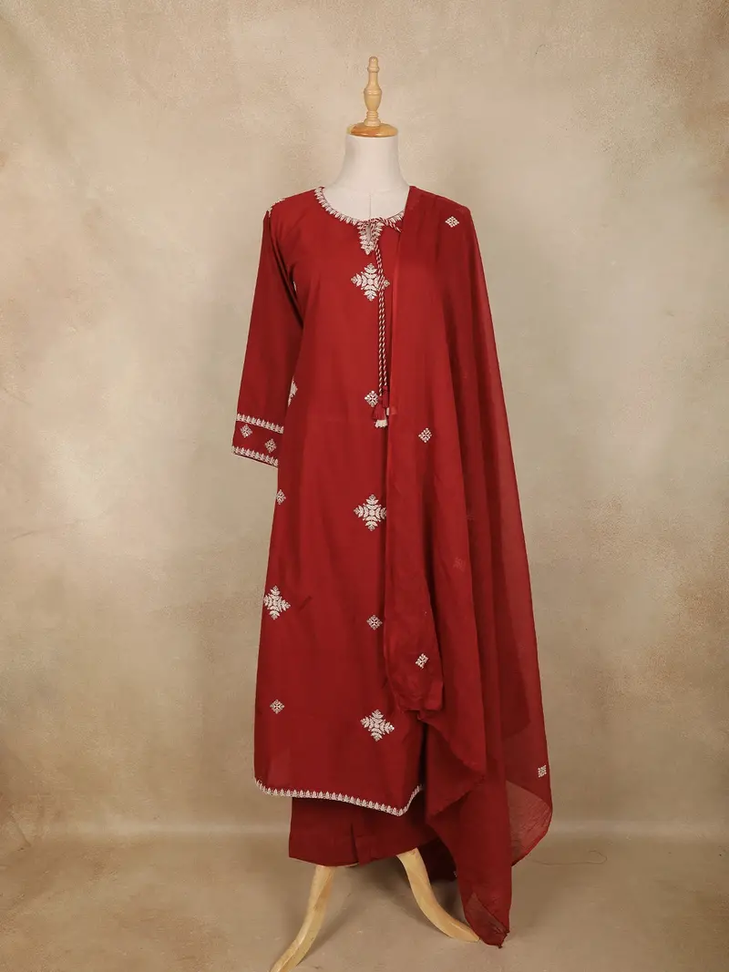 Maroon Floral Embroidered Design Cotton Straight Cut Salwar Suit With Dupatta 1