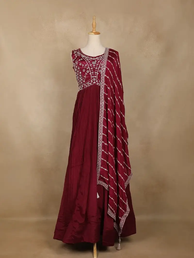 Maroon Floral Embroidered Design Georgette Gown 1