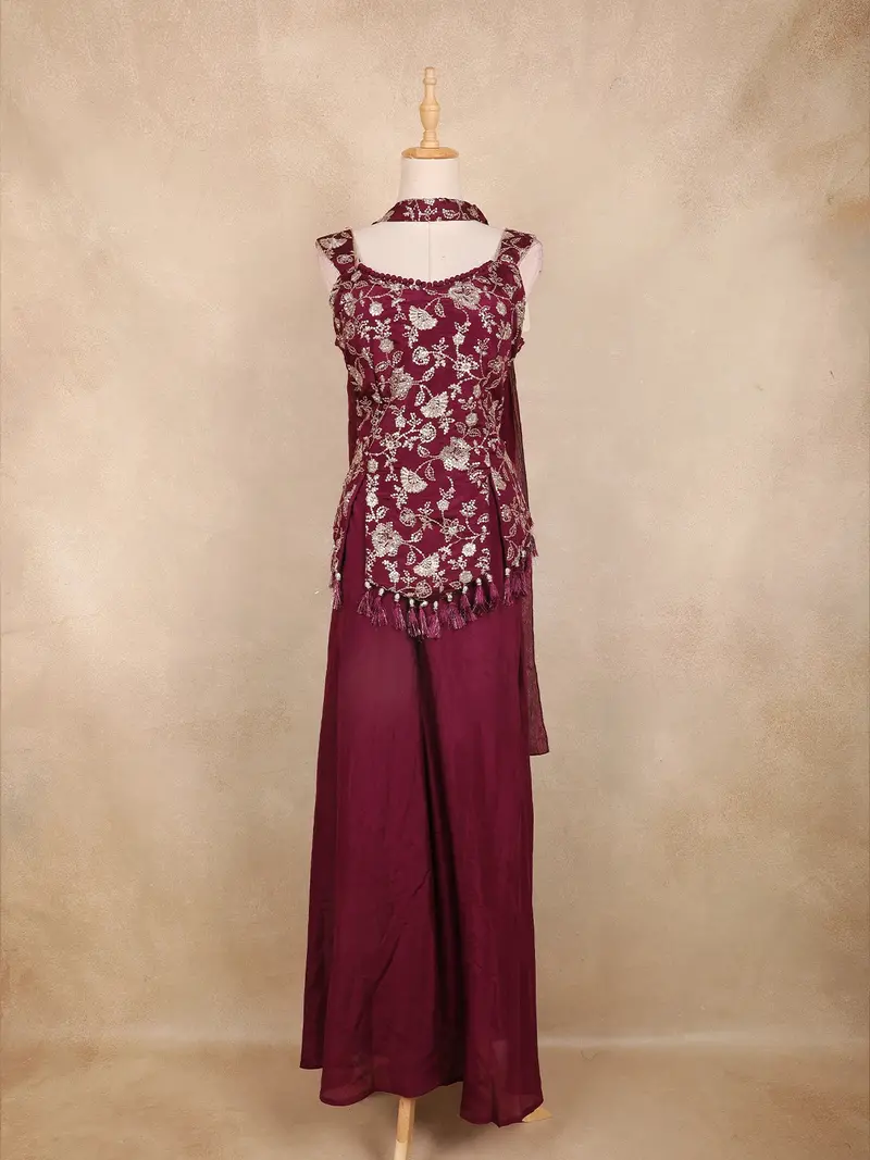 Maroon Floral Embroidered Design Raw Silk Palazzo Suit 1