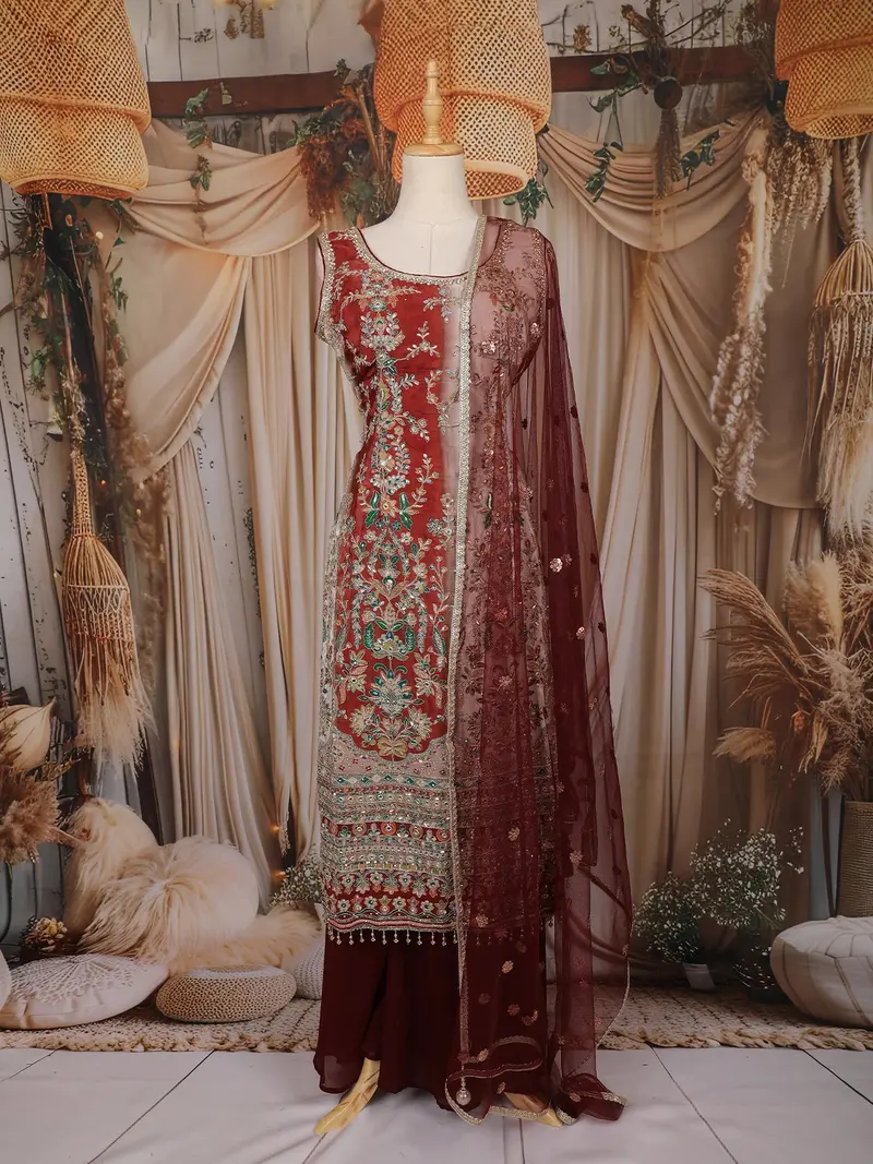 Maroon Floral Embroidered Design Tissue Silk Palazzo Suit With Dupatta 1