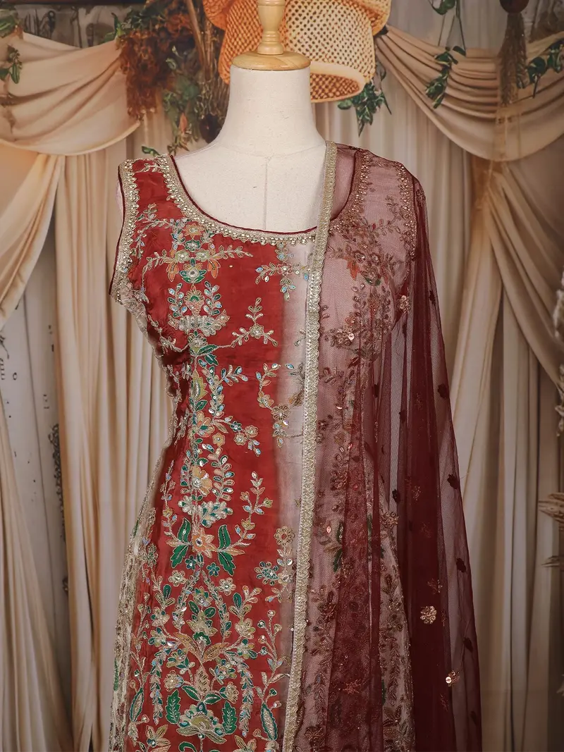 Maroon Floral Embroidered Design Tissue Silk Palazzo Suit With Dupatta 2