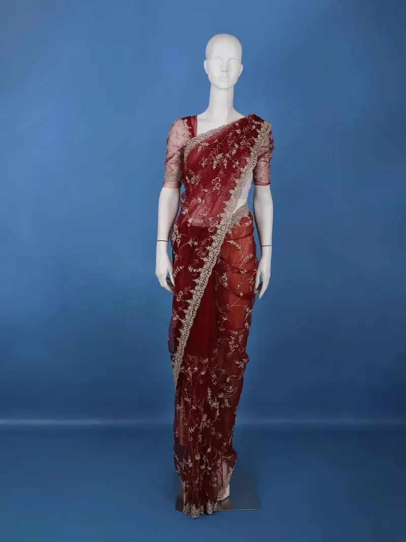 Maroon Floral Embroidered Net Saree With Matching Blouse 1