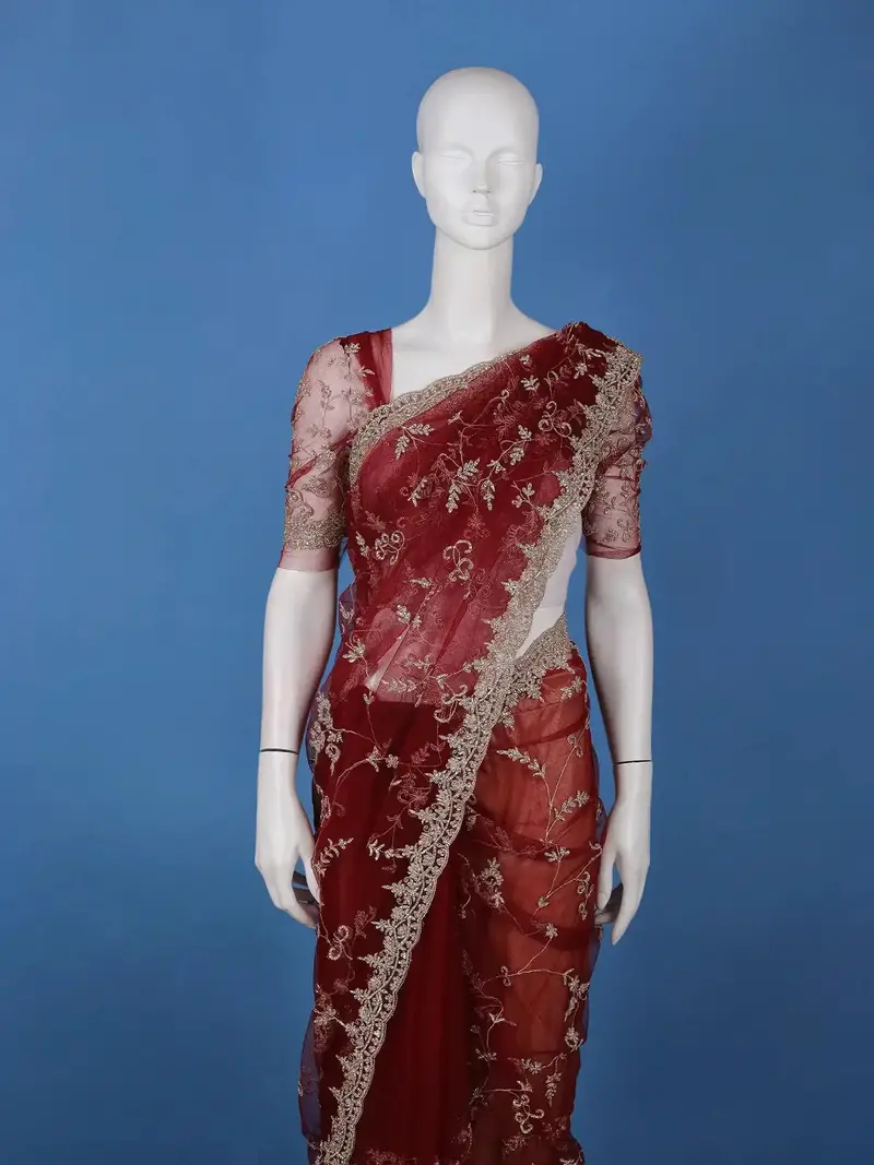 Maroon Floral Embroidered Net Saree With Matching Blouse 2