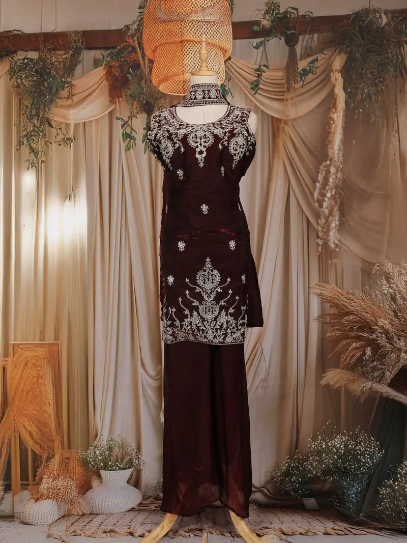 Maroon Floral Embroidered Organza Palazzo Suit 1