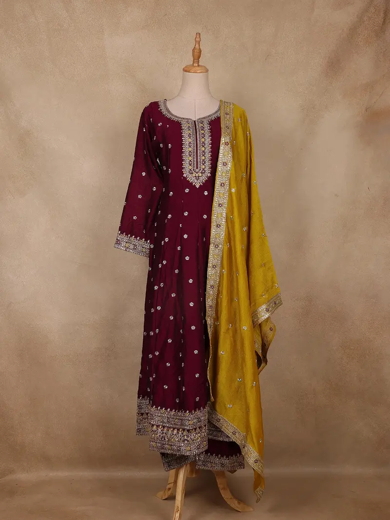 Maroon Floral Embroidered Silk Anarkali Suit With Mustard Dupatta 1