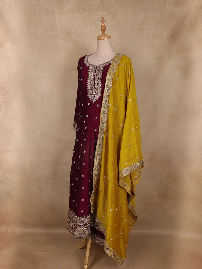 Maroon Floral Embroidered Silk Anarkali Suit With Mustard Dupatta 2