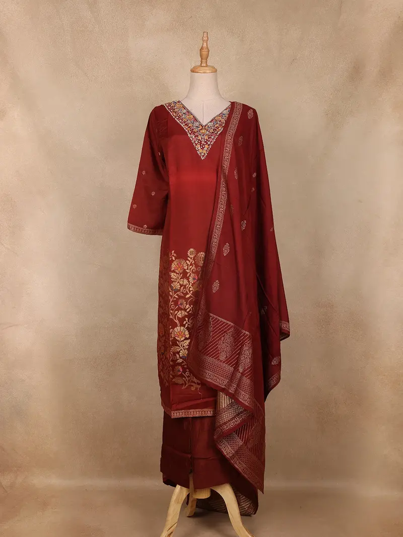 Maroon Floral Embroidered Silk Salwar Suit With Dupatta 1