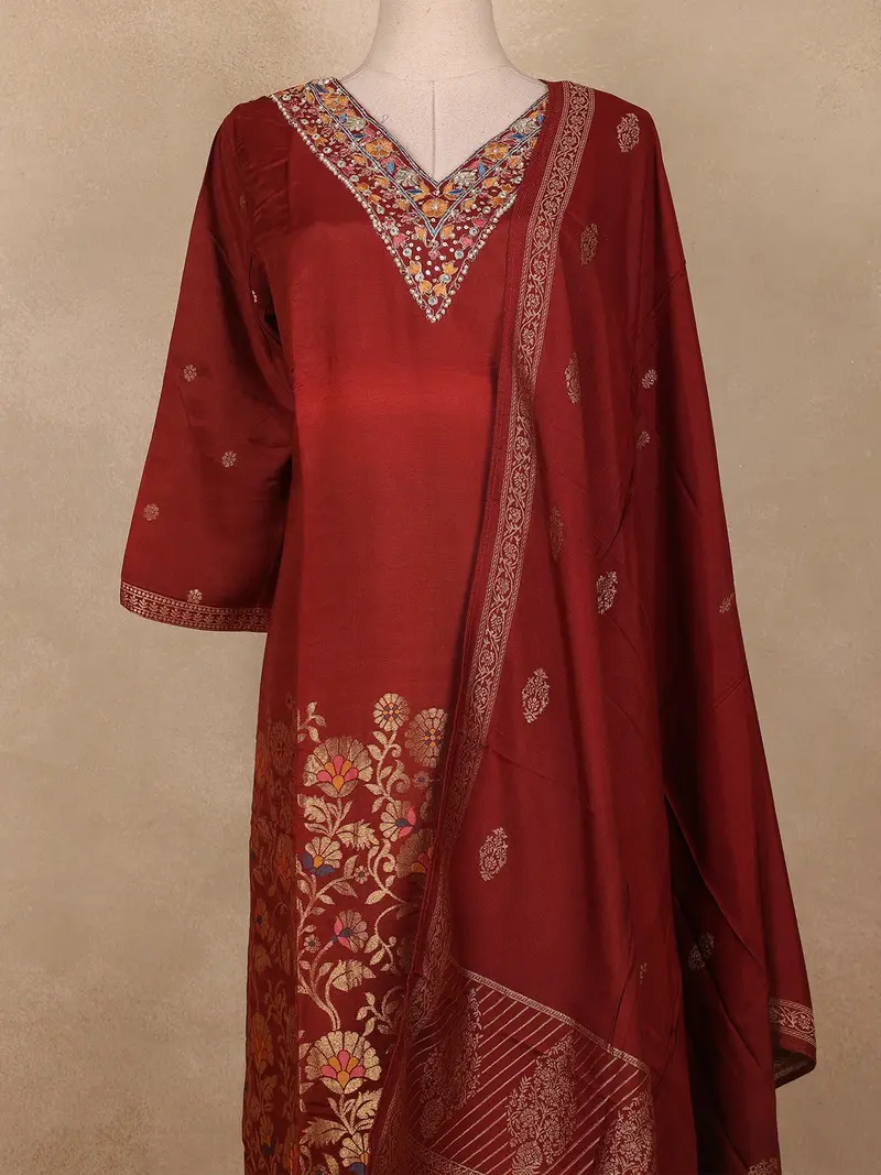 Maroon Floral Embroidered Silk Salwar Suit With Dupatta 2