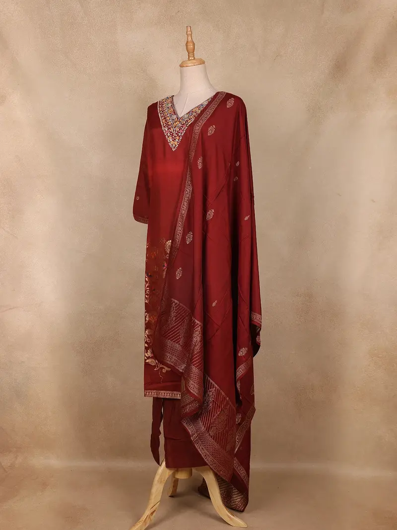 Maroon Floral Embroidered Silk Salwar Suit With Dupatta 3