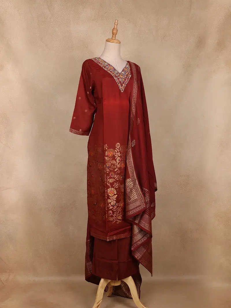 Maroon Floral Embroidered Silk Salwar Suit With Dupatta 4