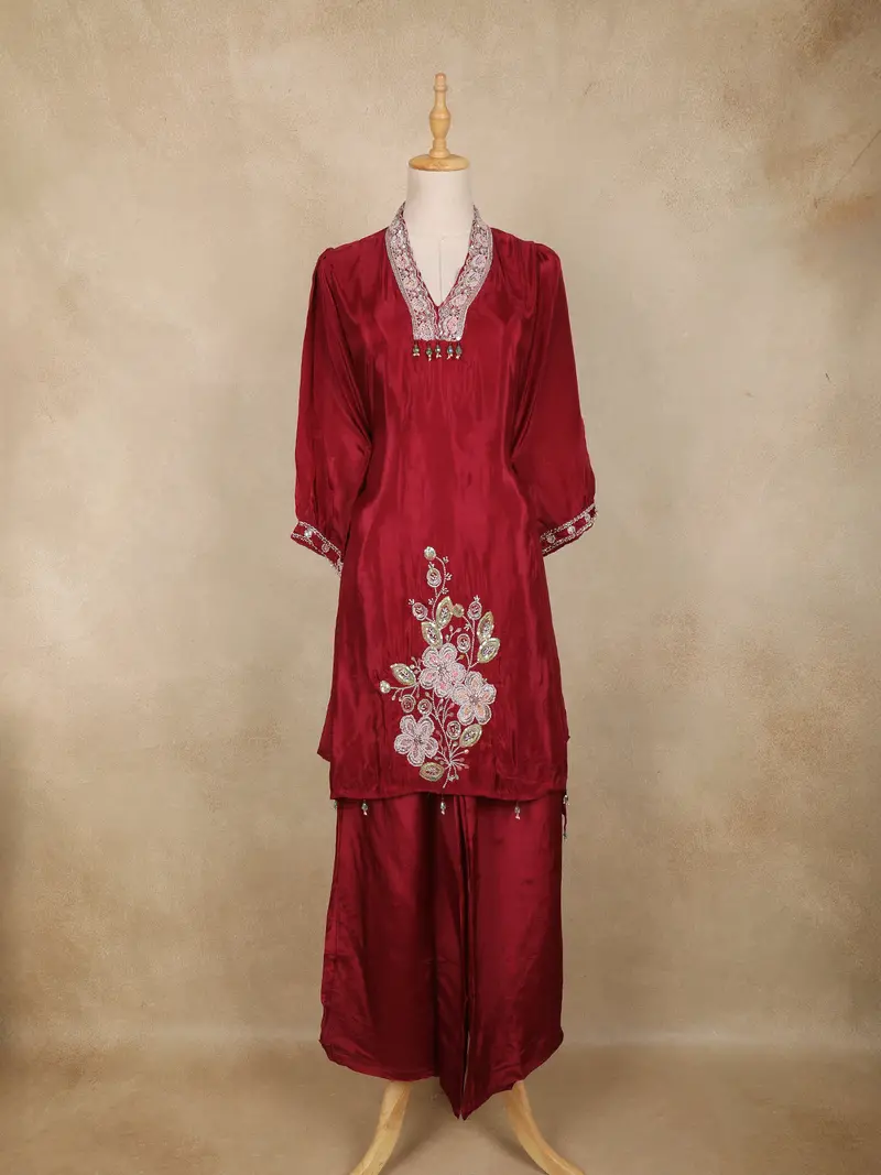 Maroon Floral Embroidered Tissue Silk Palazzo Suit 1