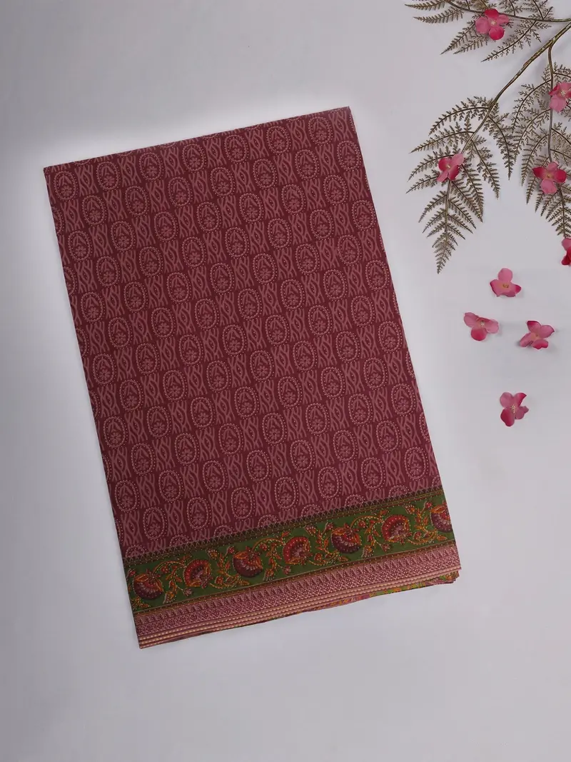 Maroon Floral Motif Printed Karishma Cotton Saree With Contrast Green Floral Border 1