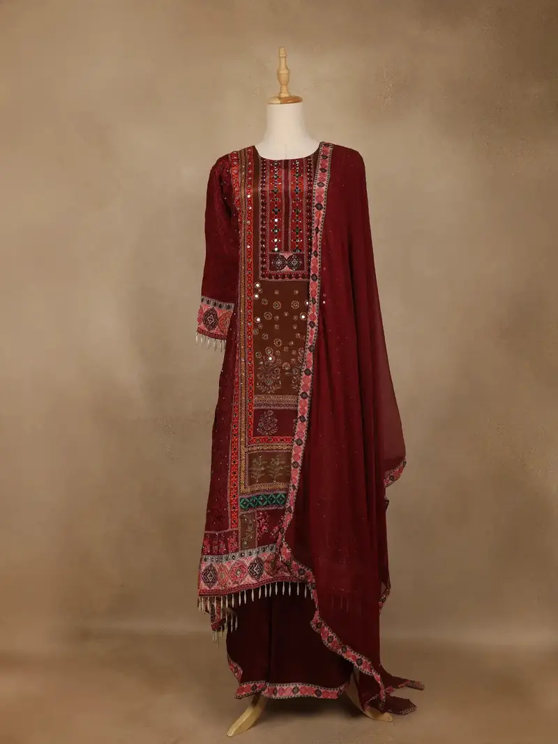 Maroon Floral Print Synthetic Palazzo Salwar Suit 1