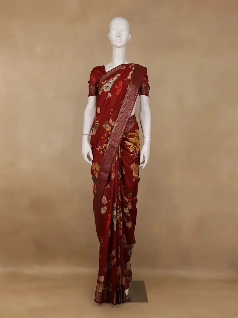 Maroon Floral Printed Banarasi Silk Saree 1