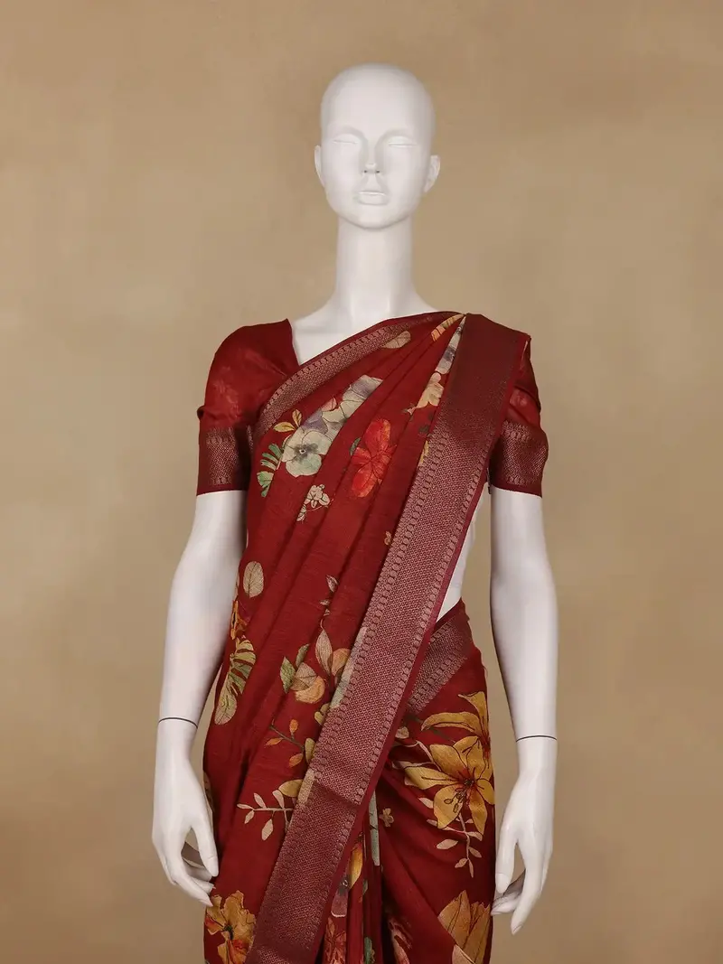 Maroon Floral Printed Banarasi Silk Saree 2