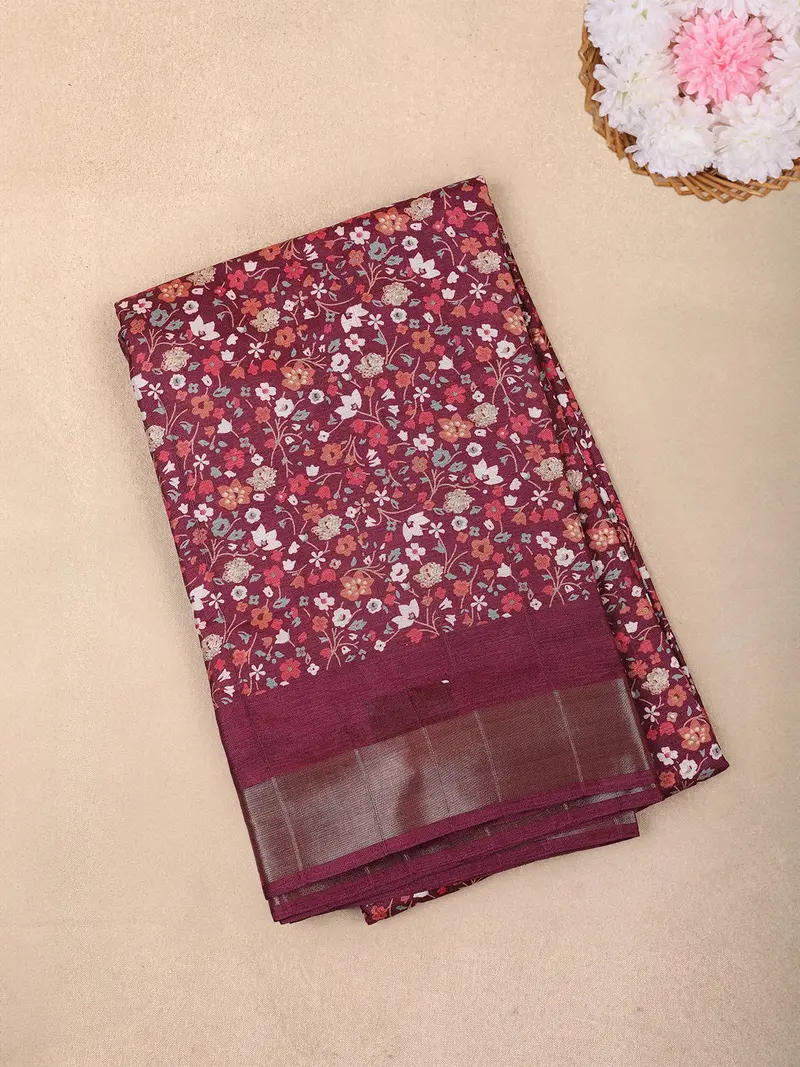 Maroon Floral Printed Chanderi Cotton Saree With Contrast Border 1