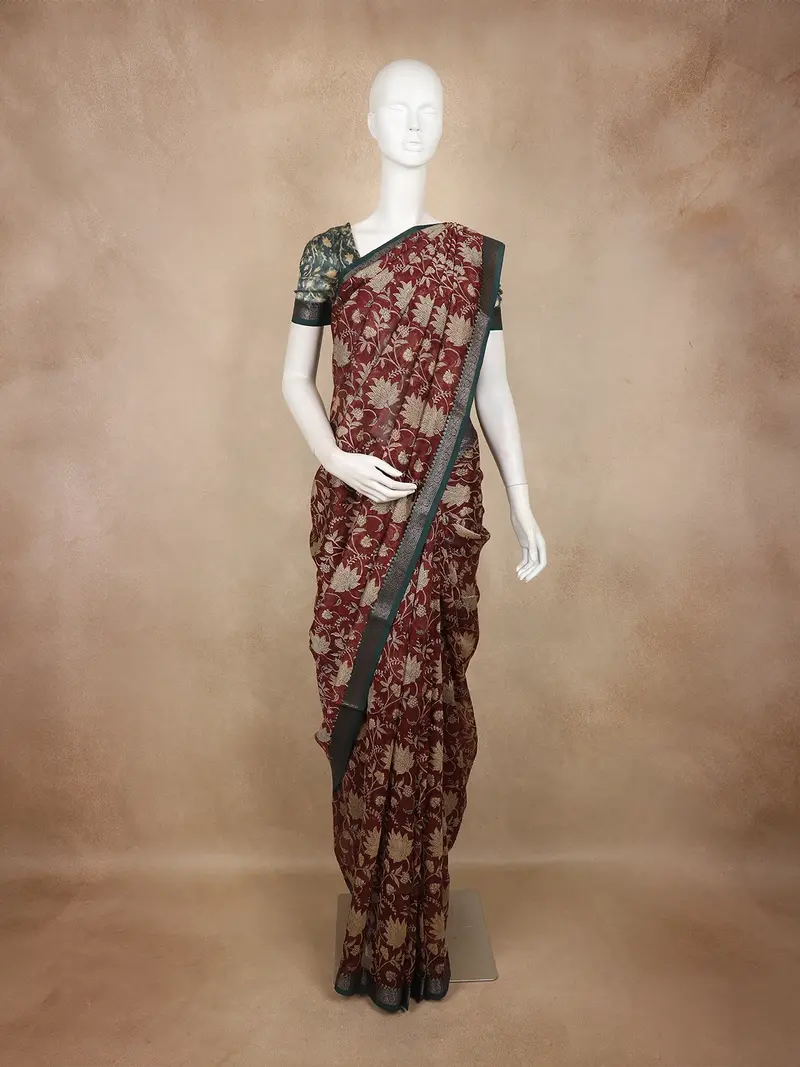 Maroon Floral Printed Chanderi Cotton Saree With Teal Zari Border 1