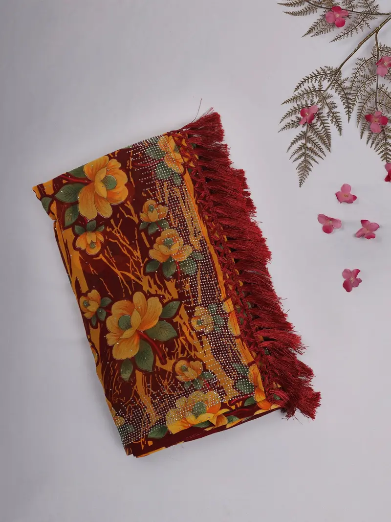 Maroon Floral Printed Chiffon Saree With Stone Embellished Border 1