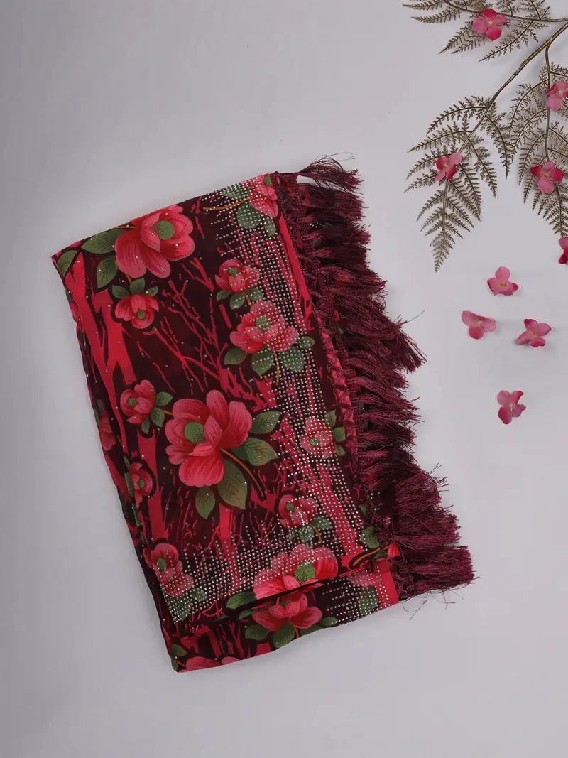 Maroon Floral Printed Chiffon Saree With Stone Embellished Border 1
