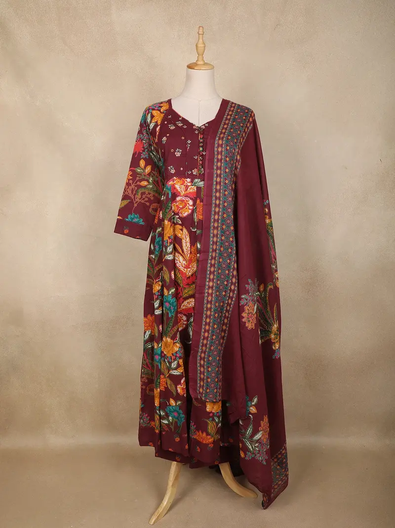 Maroon Floral Printed Cotton Anarkali Salwar Suit With Printed Dupatta 1