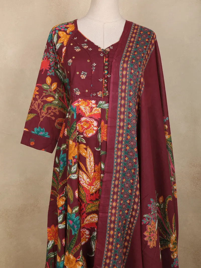 Maroon Floral Printed Cotton Anarkali Salwar Suit With Printed Dupatta 2
