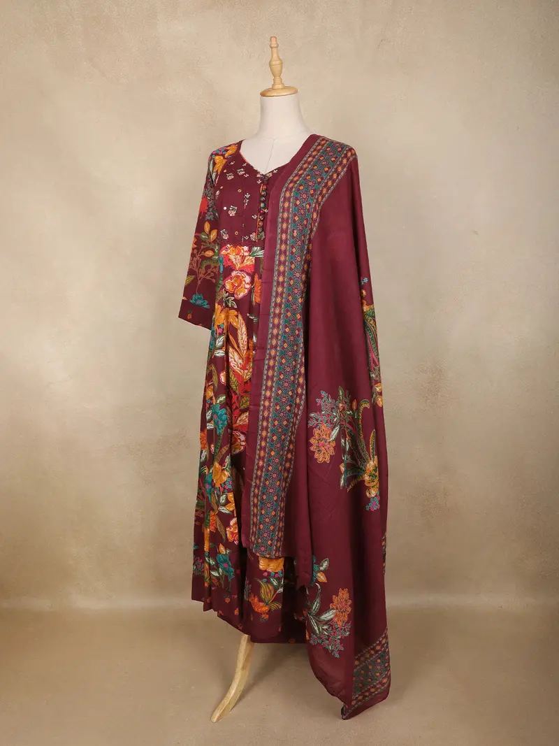 Maroon Floral Printed Cotton Anarkali Salwar Suit With Printed Dupatta 3