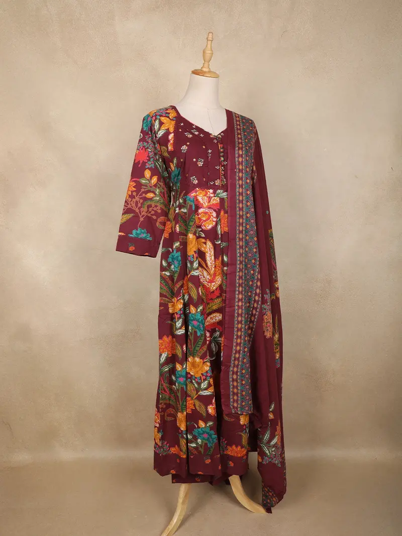 Maroon Floral Printed Cotton Anarkali Salwar Suit With Printed Dupatta 4