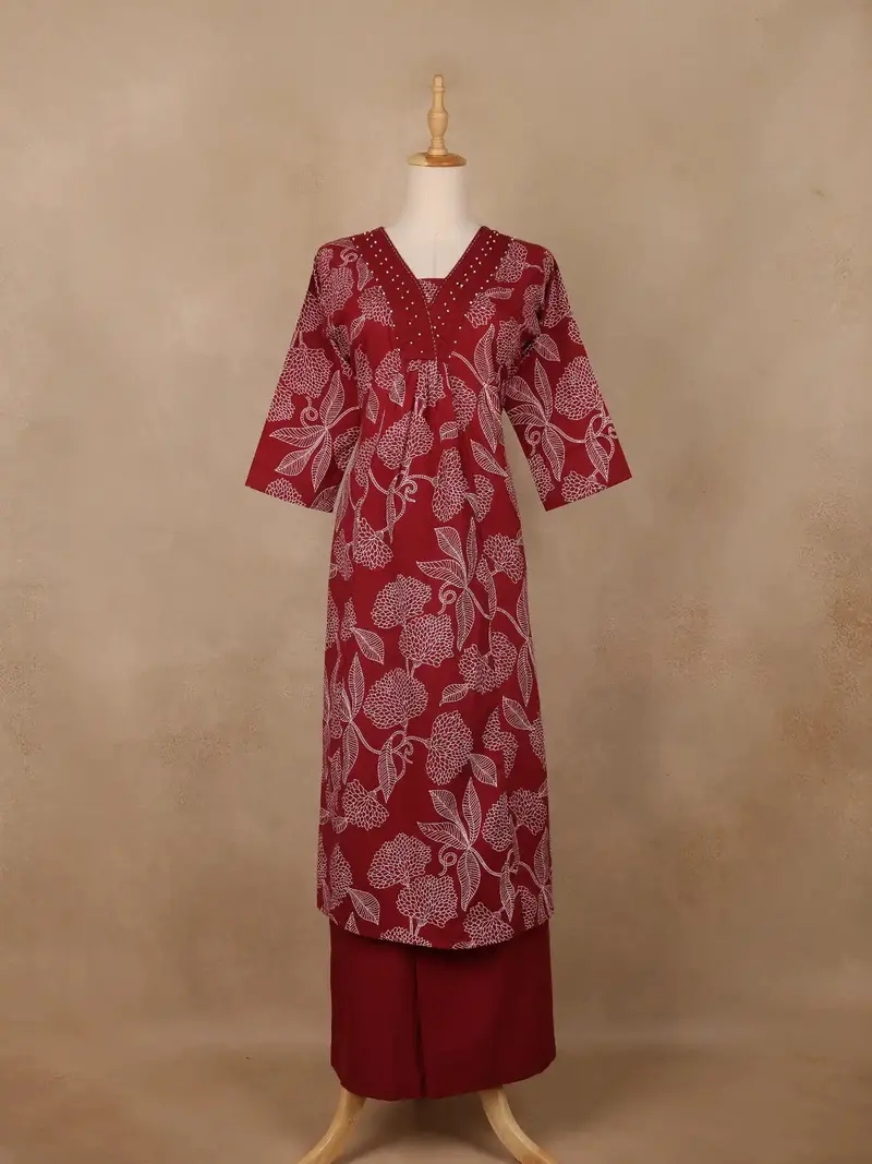 Maroon Floral Printed Cotton Salwar Suit 1