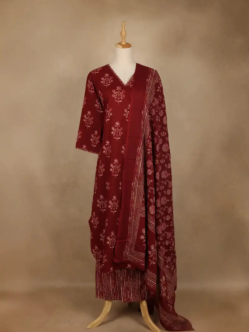 Maroon Floral Printed Cotton Salwar Suit With Dupatta 1
