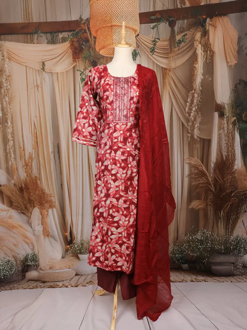 Maroon Floral Printed Cotton Salwar Suit With Embroidered Yoke 1