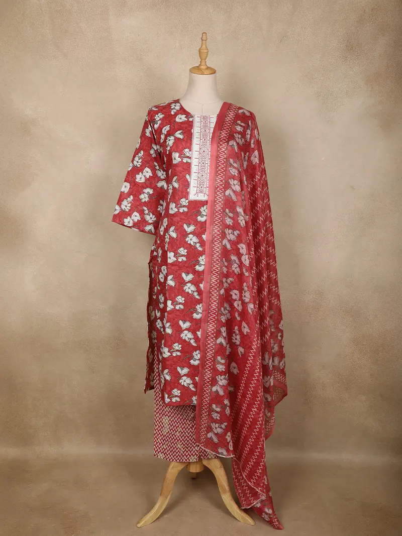 Maroon Floral Printed Cotton Salwar Suit With Printed Dupatta 1