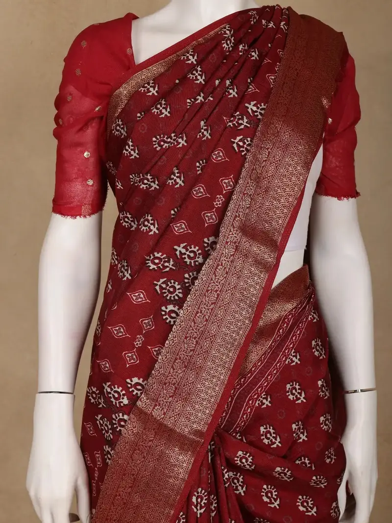 Maroon Floral Printed Cotton Saree 2