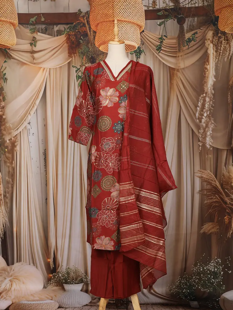 Maroon Floral Printed Cotton Straight Cut Salwar Suit 1