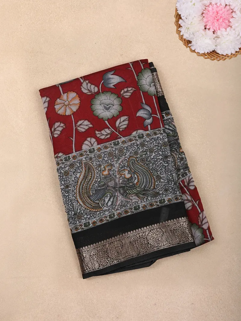 Maroon Floral Printed Design Chanderi Cotton Saree With Contrast Zari Border 1