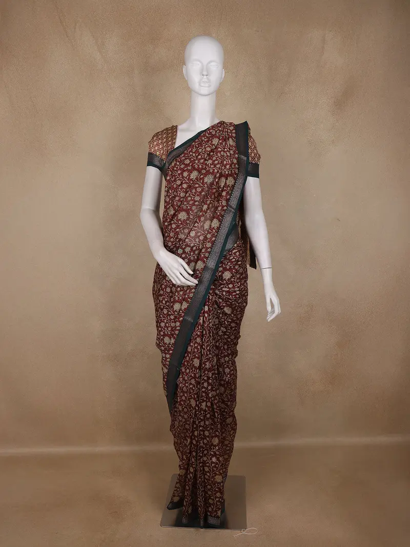Maroon Floral Printed Design Chanderi Cotton Saree With Contrast Zari Border 1