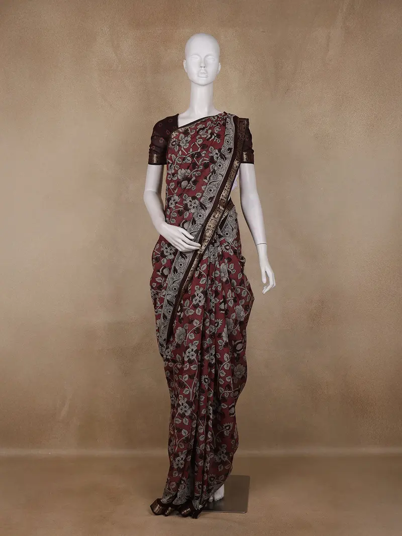 Maroon Floral Printed Design Chanderi Cotton Saree With Contrast Zari Border 1