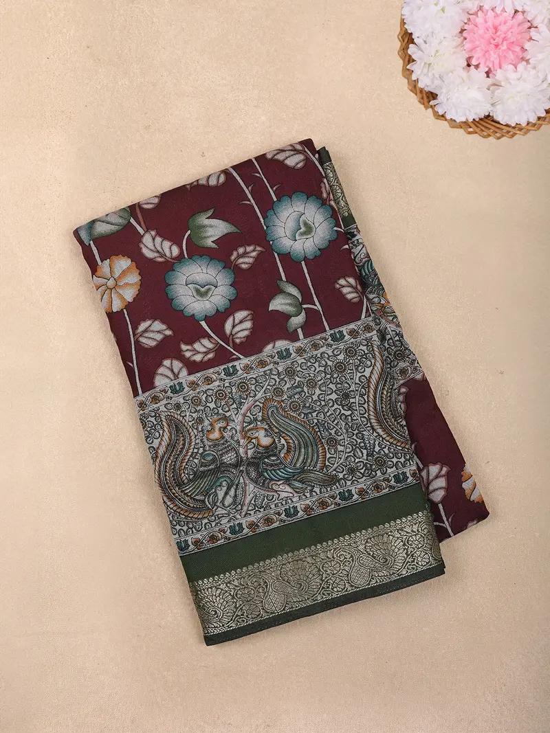 Maroon Floral Printed Design Chanderi Cotton Saree With Contrast Zari Border 1