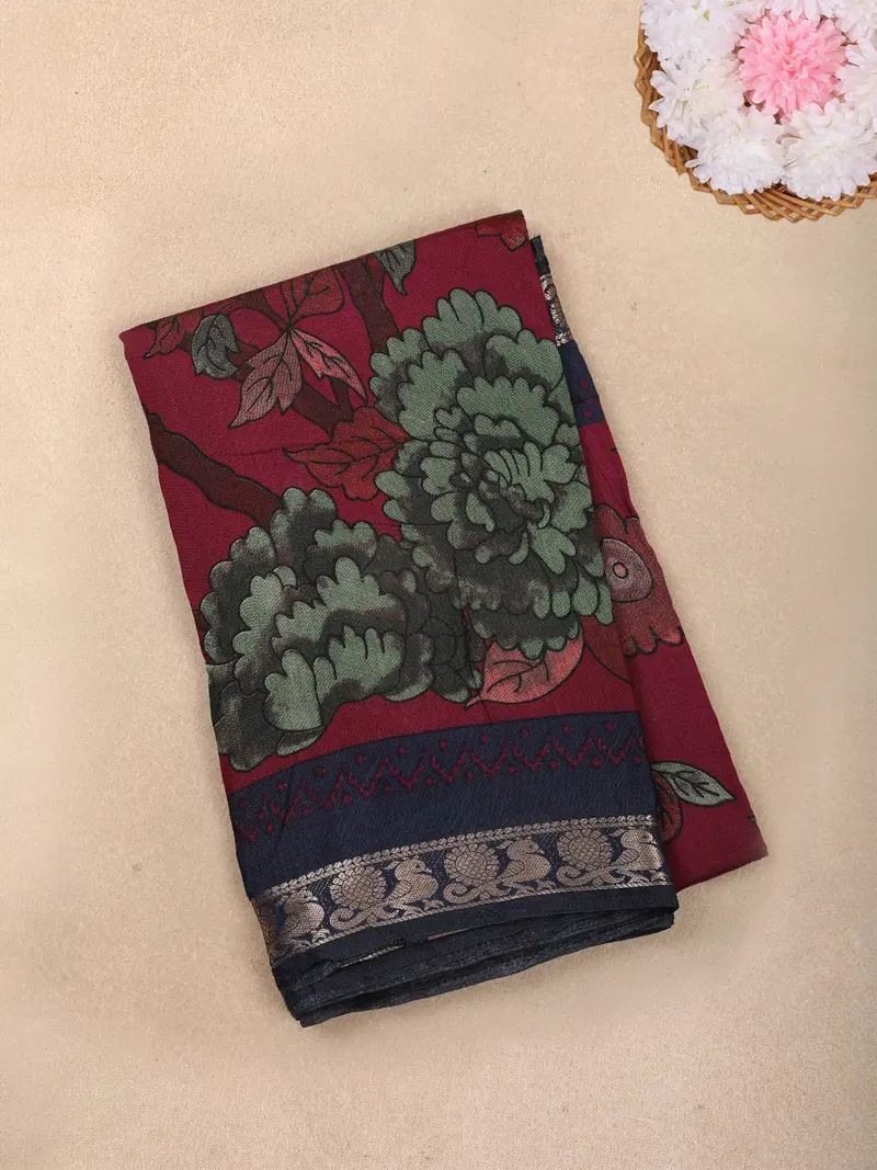 Maroon Floral Printed Design Chanderi Cotton Saree With Contrast Zari Woven Border 1