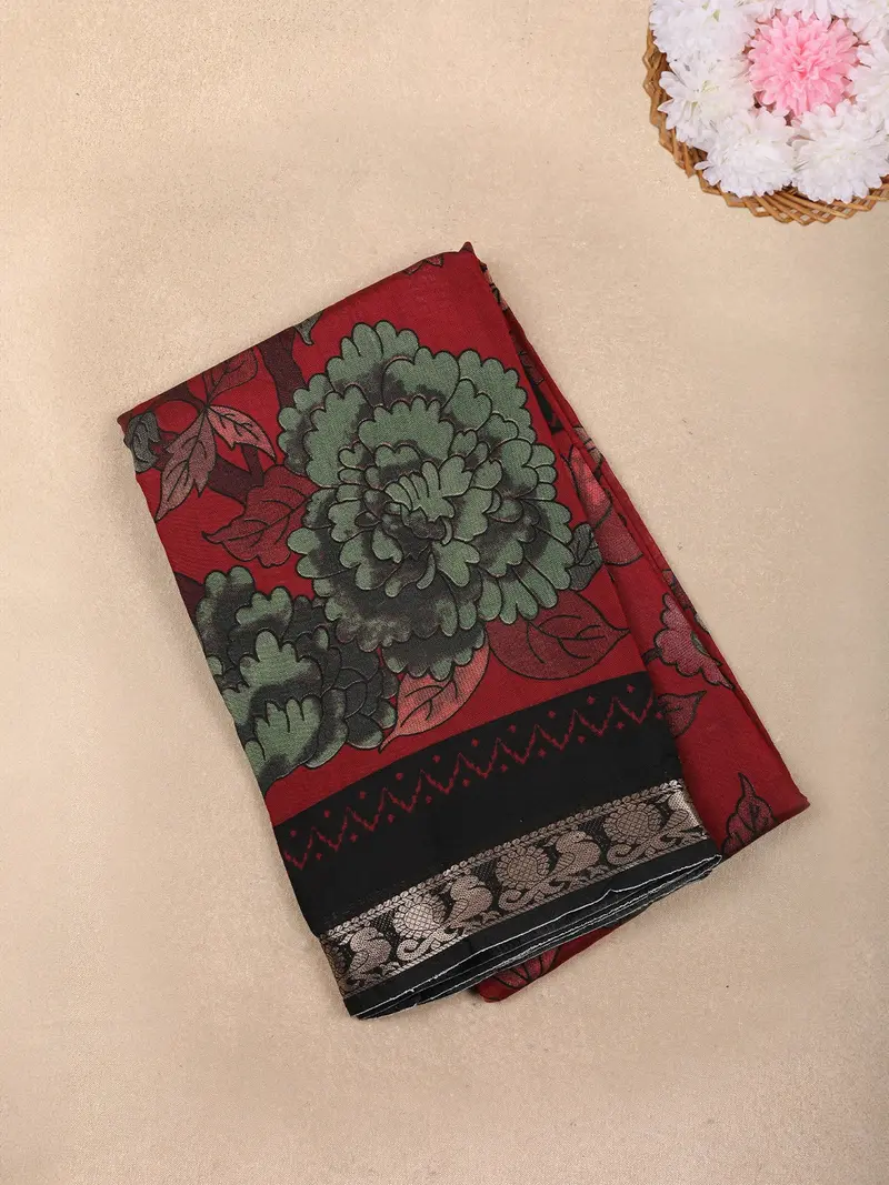 Maroon Floral Printed Design Chanderi Cotton Saree With Contrast Zari Woven Border 1