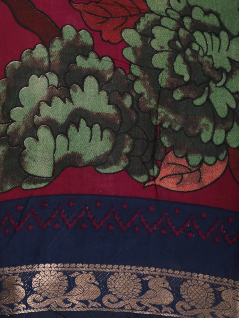 Maroon Floral Printed Design Chanderi Cotton Saree With Contrast Zari Woven Border 2