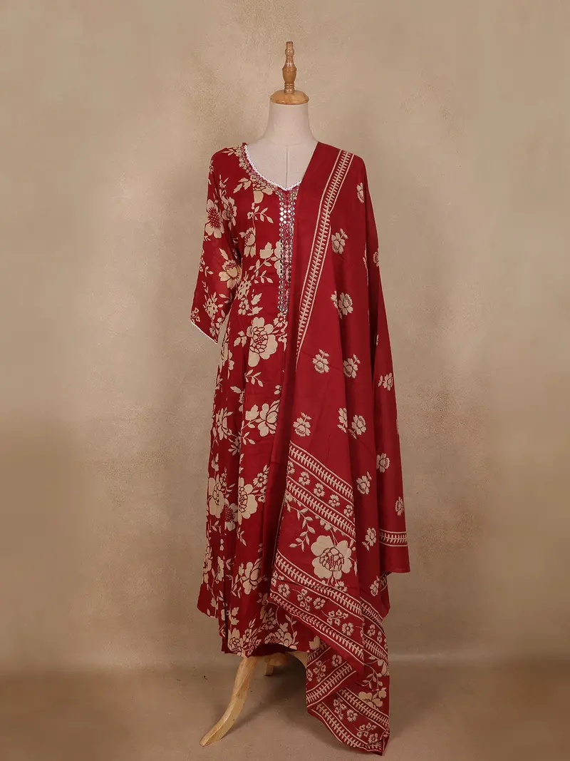 Maroon Floral Printed Design Cotton Anarkali Salwar Suit 1