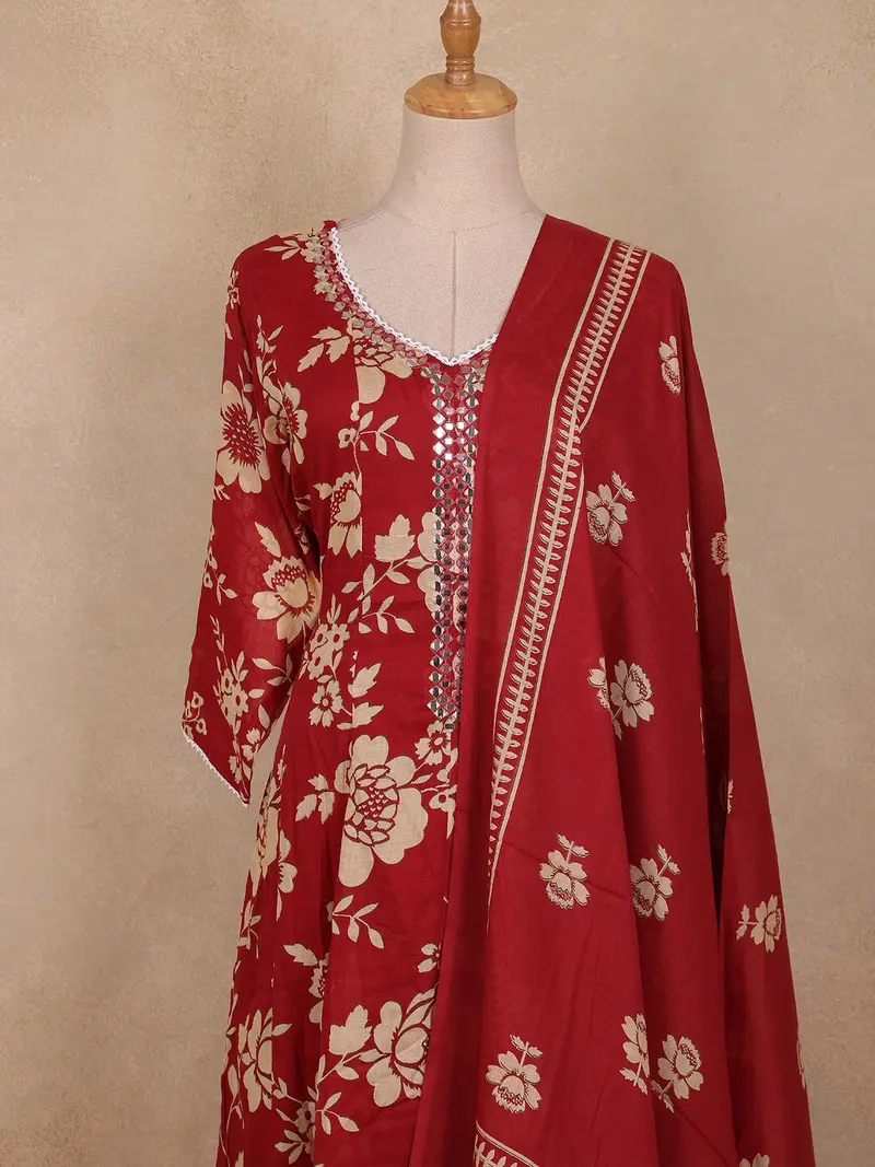 Maroon Floral Printed Design Cotton Anarkali Salwar Suit 2