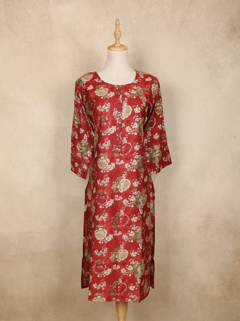 Maroon Floral Printed Design Cotton Kurti 1