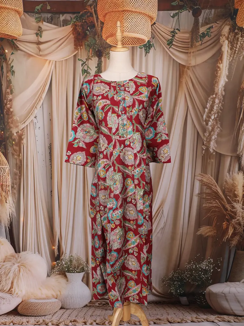 Maroon Floral Printed Design Cotton Long Kurti 1