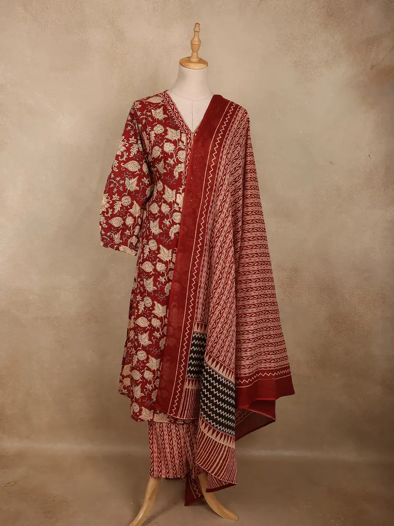 Maroon Floral Printed Design Cotton Salwar Suit With Dupatta 1