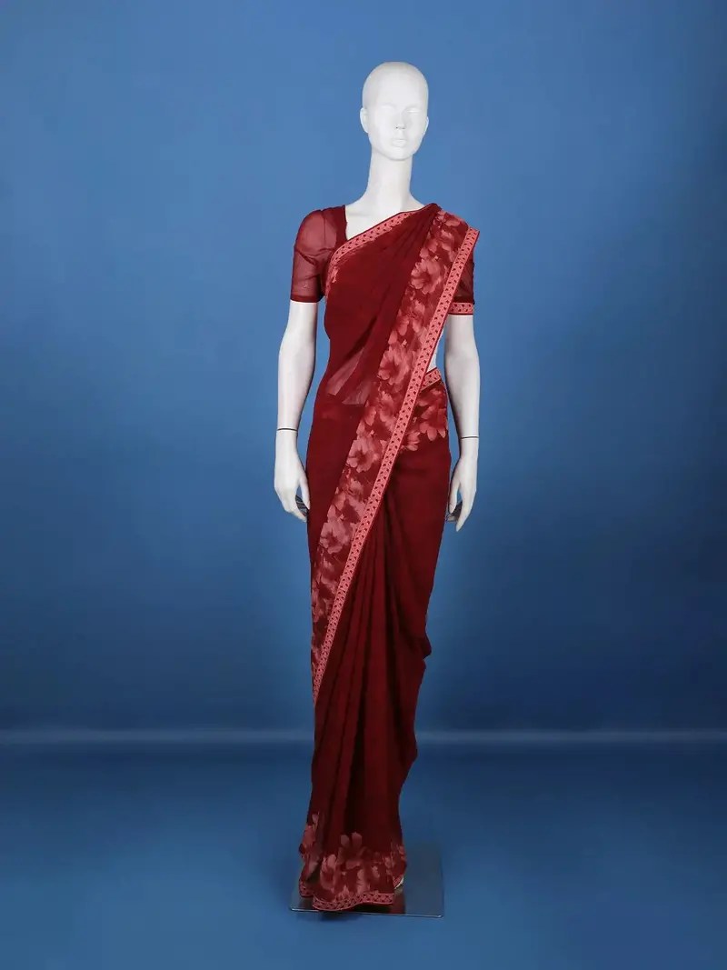 Maroon Floral Printed Design Georgette Saree 1